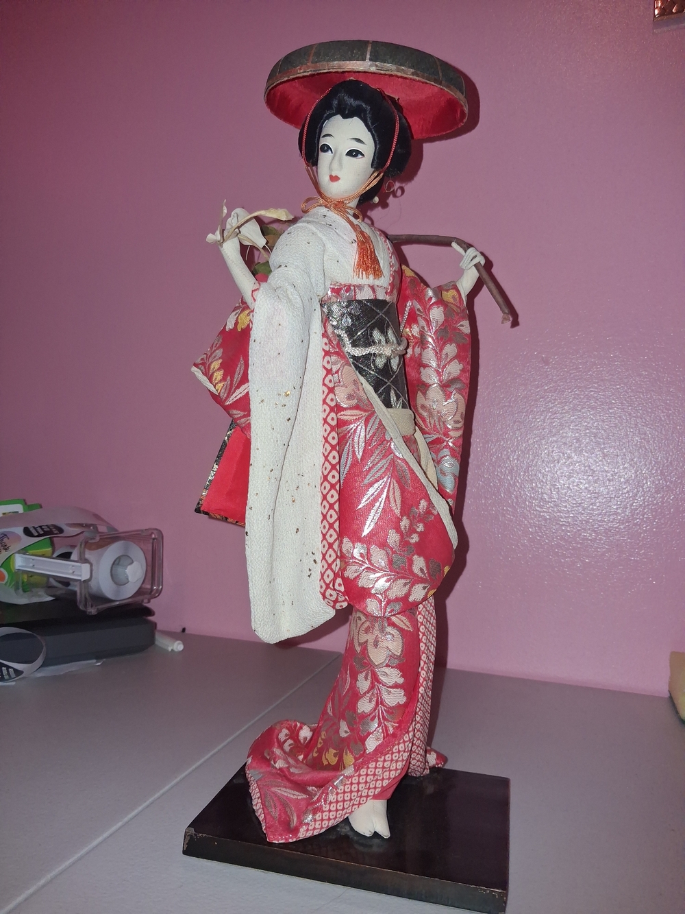 Vintage Japanese Geisha Doll in Red Kimono
